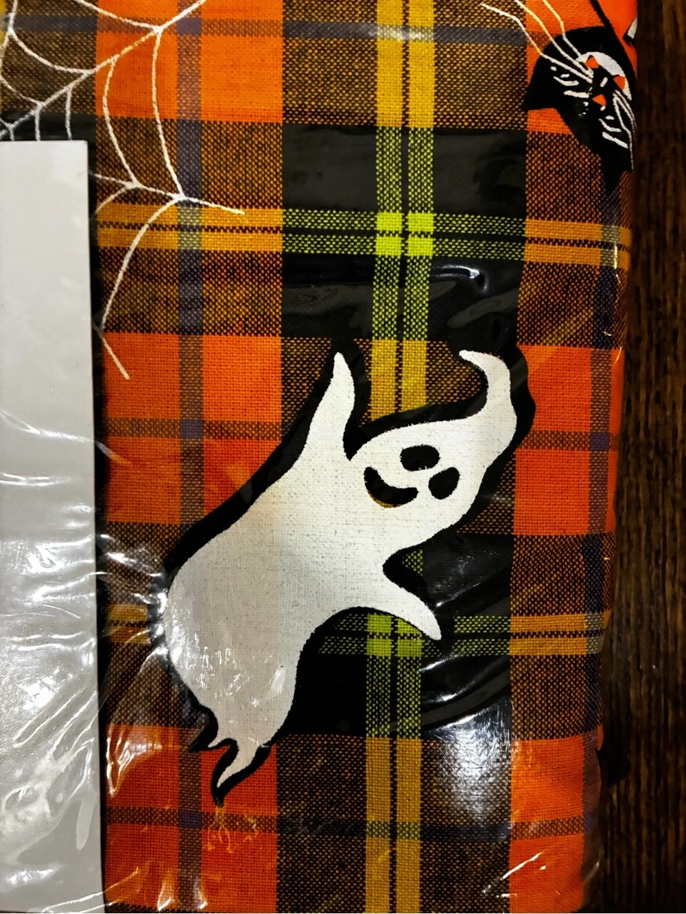 Spooky Pumpkin Halloween Tablecloth - Orange Plaid Ghost & Spiderweb Design